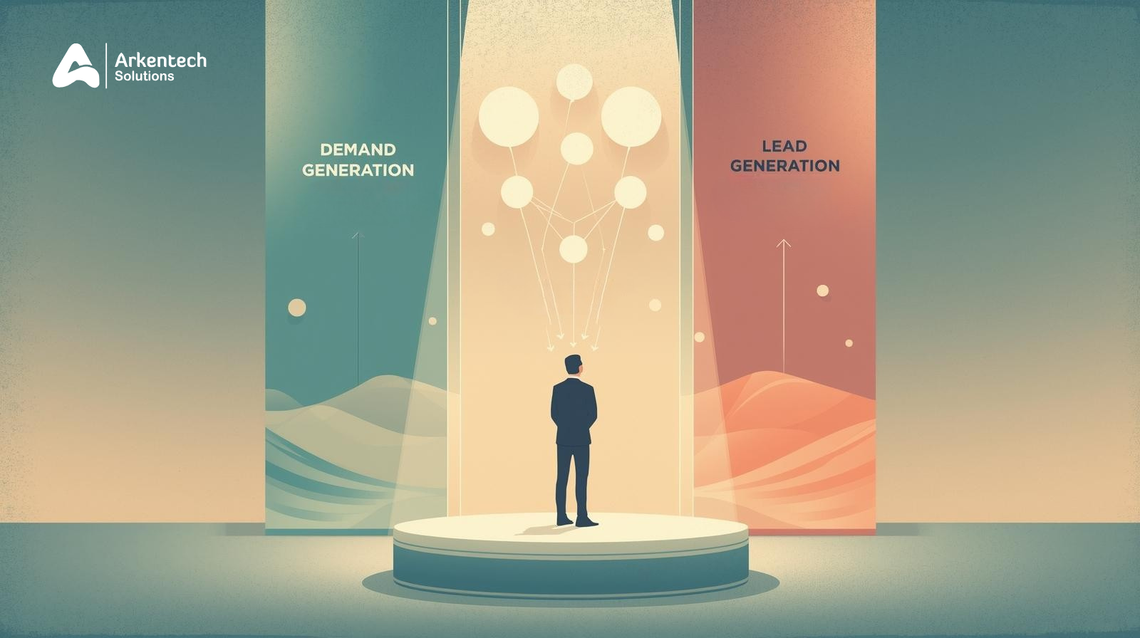 Lead Generation vs Demand Generation for B2B ABM strategy model in cinematic flat illustration style